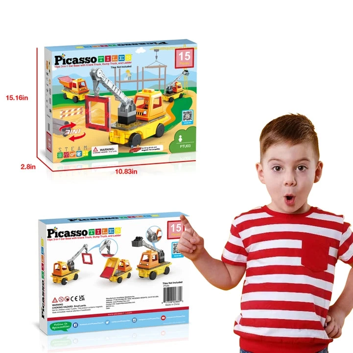 Magnet Tile Building Blocks 3-in-1 Crane, Dump Truck, Ladder 3 Magnet Tile Building Blocks 3-in-1 Crane, Dump Truck, Ladder